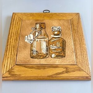 Vintage Tile Wall Decor Wood Frame 8x8” Ceramic Trivet Bottles Oil Vinegar Italy